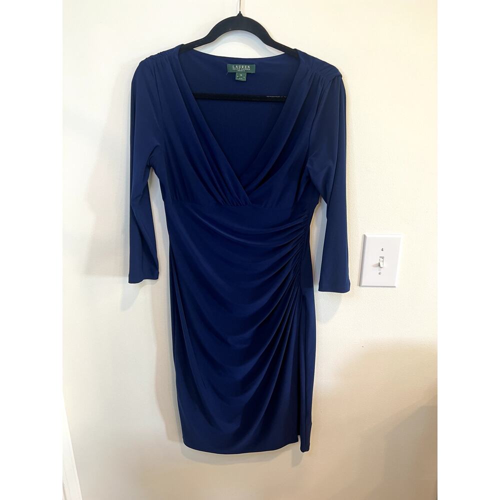 Lauren Ralph Lauren Navy Ruched Faux Wrap Dress Size 10